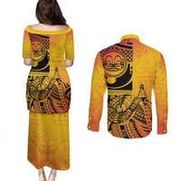 Marquesas Islands Couples Matching Puletasi and Long Sleeve Button Shirt Marquesan Matatiki Fish Hook Patutiki - Polynesian Pride