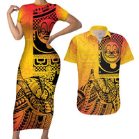 Marquesas Islands Couples Matching Short Sleeve Bodycon Dress and Hawaiian Shirt Marquesan Matatiki Fish Hook Patutiki LT14 Yellow - Polynesian Pride