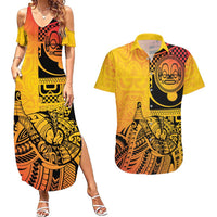 Marquesas Islands Couples Matching Summer Maxi Dress and Hawaiian Shirt Marquesan Matatiki Fish Hook Patutiki LT14 Yellow - Polynesian Pride