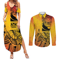 Marquesas Islands Couples Matching Summer Maxi Dress and Long Sleeve Button Shirt Marquesan Matatiki Fish Hook Patutiki LT14 Yellow - Polynesian Pride