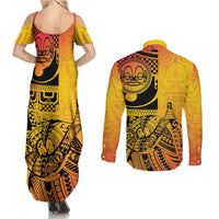 Marquesas Islands Couples Matching Summer Maxi Dress and Long Sleeve Button Shirt Marquesan Matatiki Fish Hook Patutiki LT14 - Polynesian Pride
