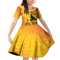 Marquesas Islands Family Matching Off Shoulder Short Dress and Hawaiian Shirt Marquesan Matatiki Fish Hook Patutiki LT14 Daughter's Dress Yellow - Polynesian Pride