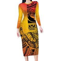 Marquesas Islands Long Sleeve Bodycon Dress Marquesan Matatiki Fish Hook Patutiki - Polynesian Pride