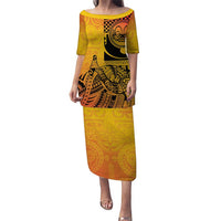 Marquesas Islands Puletasi Marquesan Matatiki Fish Hook Patutiki LT14 Long Dress Yellow - Polynesian Pride