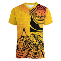 Marquesas Islands Women V-Neck T-Shirt Marquesan Matatiki Fish Hook Patutiki LT14 Female Yellow - Polynesian Pride