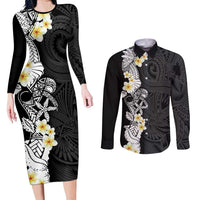 Black Samoa Tattoo Couples Matching Long Sleeve Bodycon Dress and Long Sleeve Button Shirt Plumeria Samoan Ocean Tatau Pattern LT14 Black - Polynesian Pride