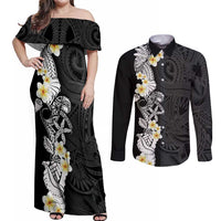Black Samoa Tattoo Couples Matching Off Shoulder Maxi Dress and Long Sleeve Button Shirt Plumeria Samoan Ocean Tatau Pattern LT14 Black - Polynesian Pride