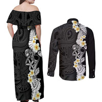 Black Samoa Tattoo Couples Matching Off Shoulder Maxi Dress and Long Sleeve Button Shirt Plumeria Samoan Ocean Tatau Pattern LT14 - Polynesian Pride