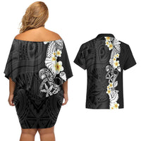 Black Samoa Tattoo Couples Matching Off Shoulder Short Dress and Hawaiian Shirt Plumeria Samoan Ocean Tatau Pattern LT14 - Polynesian Pride