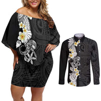 Black Samoa Tattoo Couples Matching Off Shoulder Short Dress and Long Sleeve Button Shirt Plumeria Samoan Ocean Tatau Pattern LT14 Black - Polynesian Pride