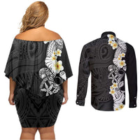 Black Samoa Tattoo Couples Matching Off Shoulder Short Dress and Long Sleeve Button Shirt Plumeria Samoan Ocean Tatau Pattern LT14 - Polynesian Pride