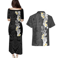 Black Samoa Tattoo Couples Matching Puletasi and Hawaiian Shirt Plumeria Samoan Ocean Tatau Pattern LT14 - Polynesian Pride