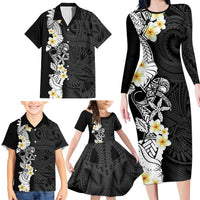 Black Samoa Tattoo Family Matching Long Sleeve Bodycon Dress and Hawaiian Shirt Plumeria Samoan Ocean Tatau Pattern - Polynesian Pride