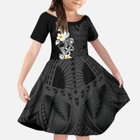 Black Samoa Tattoo Family Matching Off The Shoulder Long Sleeve Dress and Hawaiian Shirt Plumeria Samoan Ocean Tatau Pattern - Polynesian Pride