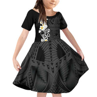 Black Samoa Tattoo Family Matching Off Shoulder Short Dress and Hawaiian Shirt Plumeria Samoan Ocean Tatau Pattern - Polynesian Pride
