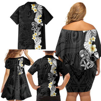 Black Samoa Tattoo Family Matching Off Shoulder Short Dress and Hawaiian Shirt Plumeria Samoan Ocean Tatau Pattern - Polynesian Pride