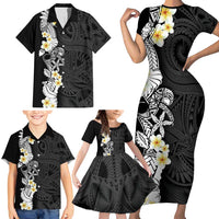 Black Samoa Tattoo Family Matching Short Sleeve Bodycon Dress and Hawaiian Shirt Plumeria Samoan Ocean Tatau Pattern - Polynesian Pride