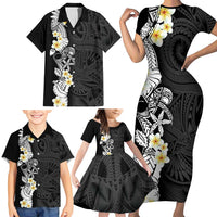 Black Samoa Tattoo Family Matching Short Sleeve Bodycon Dress and Hawaiian Shirt Plumeria Samoan Ocean Tatau Pattern - Polynesian Pride