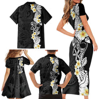 Black Samoa Tattoo Family Matching Short Sleeve Bodycon Dress and Hawaiian Shirt Plumeria Samoan Ocean Tatau Pattern - Polynesian Pride