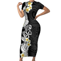 Black Samoa Tattoo Family Matching Short Sleeve Bodycon Dress and Hawaiian Shirt Plumeria Samoan Ocean Tatau Pattern - Polynesian Pride