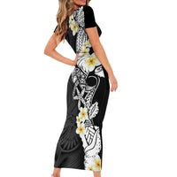 Black Samoa Tattoo Family Matching Short Sleeve Bodycon Dress and Hawaiian Shirt Plumeria Samoan Ocean Tatau Pattern - Polynesian Pride