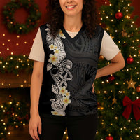 Black Samoa Tattoo Christmas Knitted V-Neck Vest Plumeria Samoan Ocean Tatau Pattern - Polynesian Pride