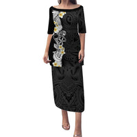 Black Samoa Tattoo Puletasi Plumeria Samoan Ocean Tatau Pattern LT14 Long Dress Black - Polynesian Pride
