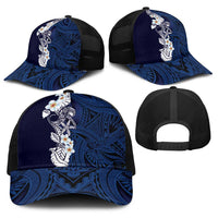 Blue Samoa Tattoo Baseball Net Cap Plumeria Samoan Ocean Tatau Pattern LT14 - Polynesian Pride
