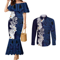 Blue Samoa Tattoo Couples Matching Mermaid Dress and Long Sleeve Button Shirt Plumeria Samoan Ocean Tatau Pattern LT14 Blue - Polynesian Pride