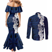 Blue Samoa Tattoo Couples Matching Mermaid Dress and Long Sleeve Button Shirt Plumeria Samoan Ocean Tatau Pattern LT14 - Polynesian Pride