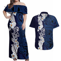 Blue Samoa Tattoo Couples Matching Off Shoulder Maxi Dress and Hawaiian Shirt Plumeria Samoan Ocean Tatau Pattern LT14 Blue - Polynesian Pride