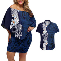Blue Samoa Tattoo Couples Matching Off Shoulder Short Dress and Hawaiian Shirt Plumeria Samoan Ocean Tatau Pattern LT14 Blue - Polynesian Pride