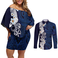 Blue Samoa Tattoo Couples Matching Off Shoulder Short Dress and Long Sleeve Button Shirt Plumeria Samoan Ocean Tatau Pattern LT14 Blue - Polynesian Pride