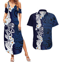 Blue Samoa Tattoo Couples Matching Summer Maxi Dress and Hawaiian Shirt Plumeria Samoan Ocean Tatau Pattern - Polynesian Pride