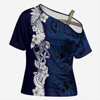 Blue Samoa Tattoo Cross Shoulder Shirt Plumeria Samoan Ocean Tatau Pattern LT14 Female Blue - Polynesian Pride