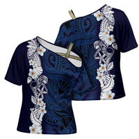 Blue Samoa Tattoo Cross Shoulder Shirt Plumeria Samoan Ocean Tatau Pattern LT14 - Polynesian Pride