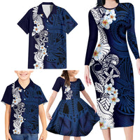 Blue Samoa Tattoo Family Matching Long Sleeve Bodycon Dress and Hawaiian Shirt Plumeria Samoan Ocean Tatau Pattern - Polynesian Pride