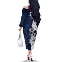 Blue Samoa Tattoo Family Matching Off The Shoulder Long Sleeve Dress and Hawaiian Shirt Plumeria Samoan Ocean Tatau Pattern - Polynesian Pride