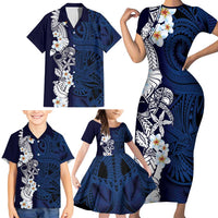 Blue Samoa Tattoo Family Matching Short Sleeve Bodycon Dress and Hawaiian Shirt Plumeria Samoan Ocean Tatau Pattern - Polynesian Pride
