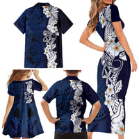 Blue Samoa Tattoo Family Matching Short Sleeve Bodycon Dress and Hawaiian Shirt Plumeria Samoan Ocean Tatau Pattern - Polynesian Pride