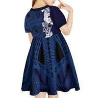 Blue Samoa Tattoo Kid Short Sleeve Dress Plumeria Samoan Ocean Tatau Pattern LT14 - Polynesian Pride
