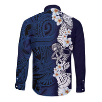 Blue Samoa Tattoo Long Sleeve Button Shirt Plumeria Samoan Ocean Tatau Pattern LT14 - Polynesian Pride