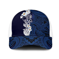 Blue Samoa Tattoo Mesh Trucker Cap Plumeria Samoan Ocean Tatau Pattern LT14 One Size White Blue - Polynesian Pride