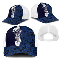 Blue Samoa Tattoo Mesh Trucker Cap Plumeria Samoan Ocean Tatau Pattern LT14 - Polynesian Pride