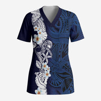 Blue Samoa Tattoo Scrub Top Plumeria Samoan Ocean Tatau Pattern LT14 Adult Blue - Polynesian Pride