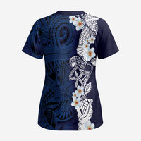 Blue Samoa Tattoo Scrub Top Plumeria Samoan Ocean Tatau Pattern LT14 - Polynesian Pride