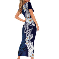 Blue Samoa Tattoo Short Sleeve Bodycon Dress Plumeria Samoan Ocean Tatau Pattern LT14 - Polynesian Pride