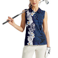 Blue Samoa Tattoo Women Sleeveless Polo Shirt Plumeria Samoan Ocean Tatau Pattern LT14 - Polynesian Pride