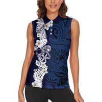 Blue Samoa Tattoo Women Sleeveless Polo Shirt Plumeria Samoan Ocean Tatau Pattern LT14 - Polynesian Pride