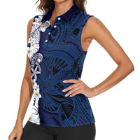 Blue Samoa Tattoo Women Sleeveless Polo Shirt Plumeria Samoan Ocean Tatau Pattern LT14 - Polynesian Pride
